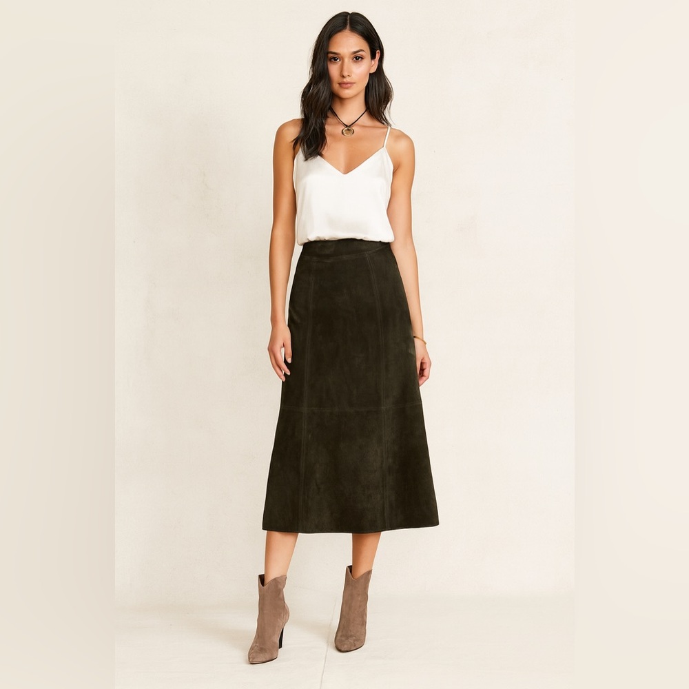 Valerie Stevens 100% Leather Olive Green Suede Midi Skirt